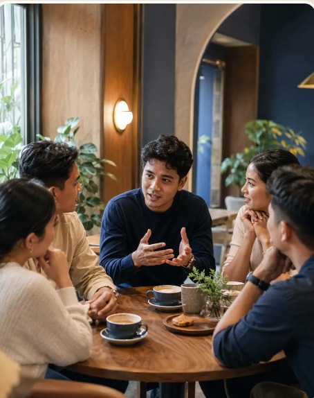 Young professionals talking in a café setting